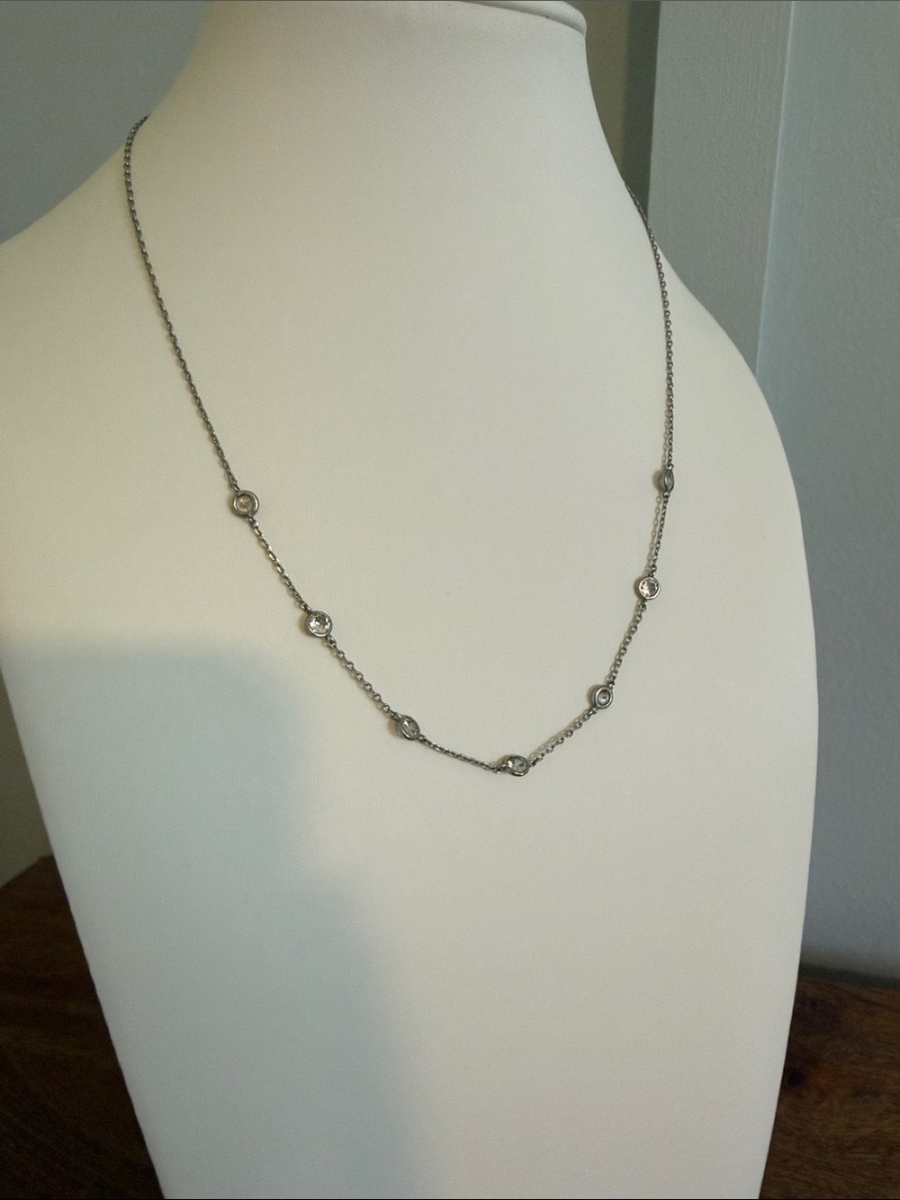 Delicate Silver Bezel Station Necklace - Sparkling Clear Stones